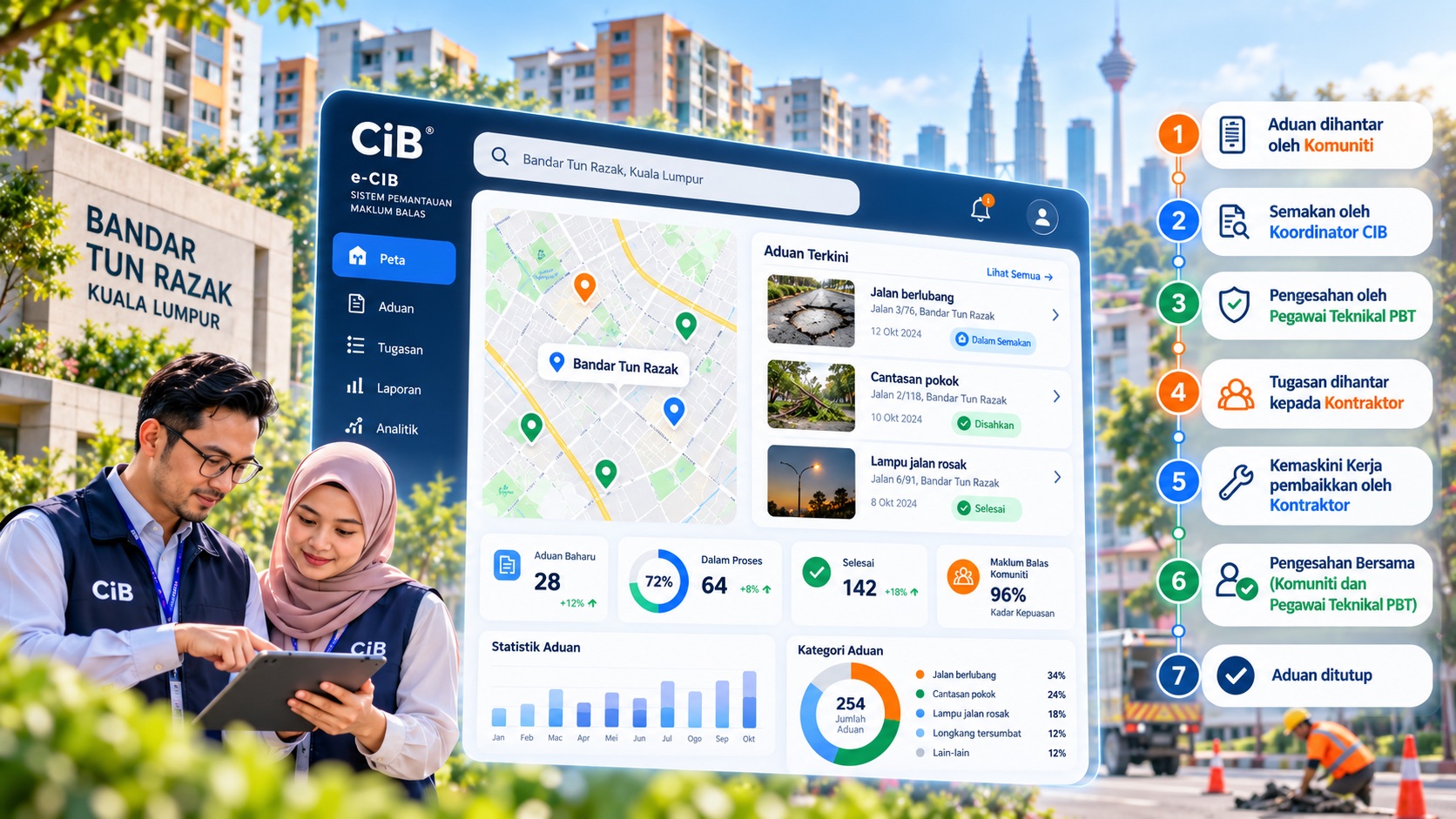 Paparan sistem e-CIB dengan peta aduan Bandar Tun Razak dan tujuh langkah aliran aduan, dari aduan dihantar oleh komuniti hingga aduan ditutup
